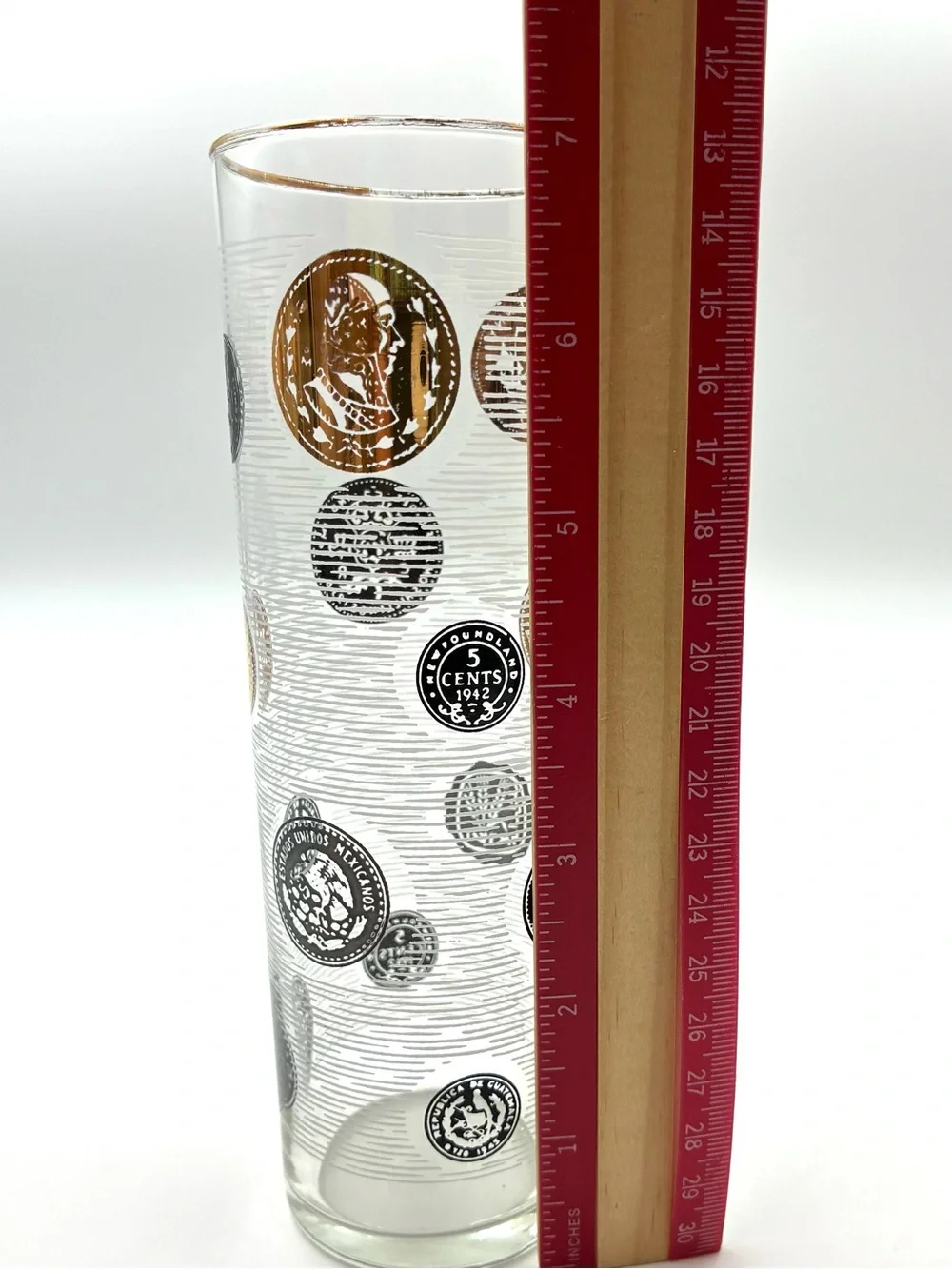 VTG Libbey Tom Collins Glasses Set of 6 International Coins Black Gold MCM 7